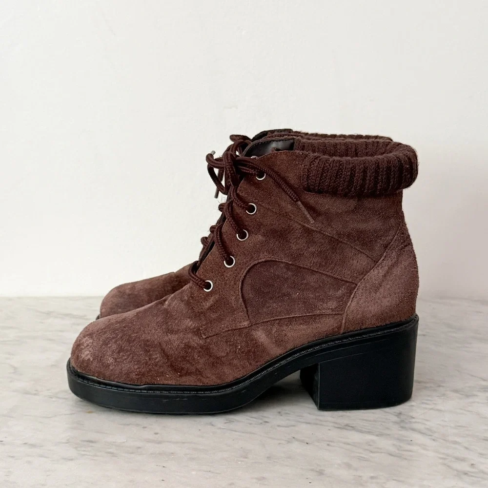 Links Suede Ankle Boots Knit Collar Lace Up Brown Chunky Block Heel Lug Sole 8.5